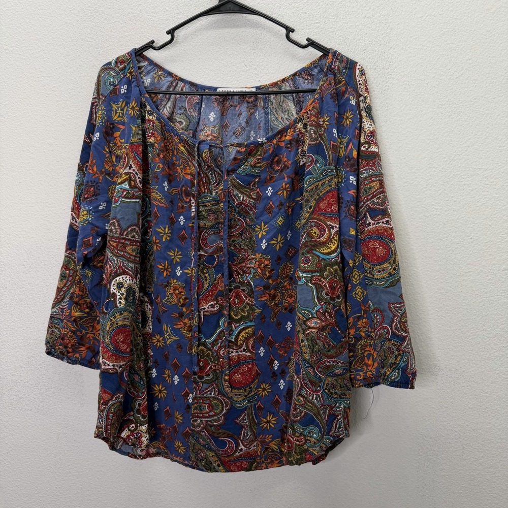 Figueroa and Flower Top Womens XL Long Sleeve Floral Paisley Peasant Top Boho